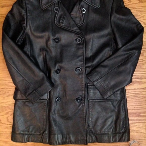 JONES NEW YORK BLACK LEATHER PEACOAT JACKET WOMENS M BUTTON UP DOUBLE BREASTED - Picture 15 of 15